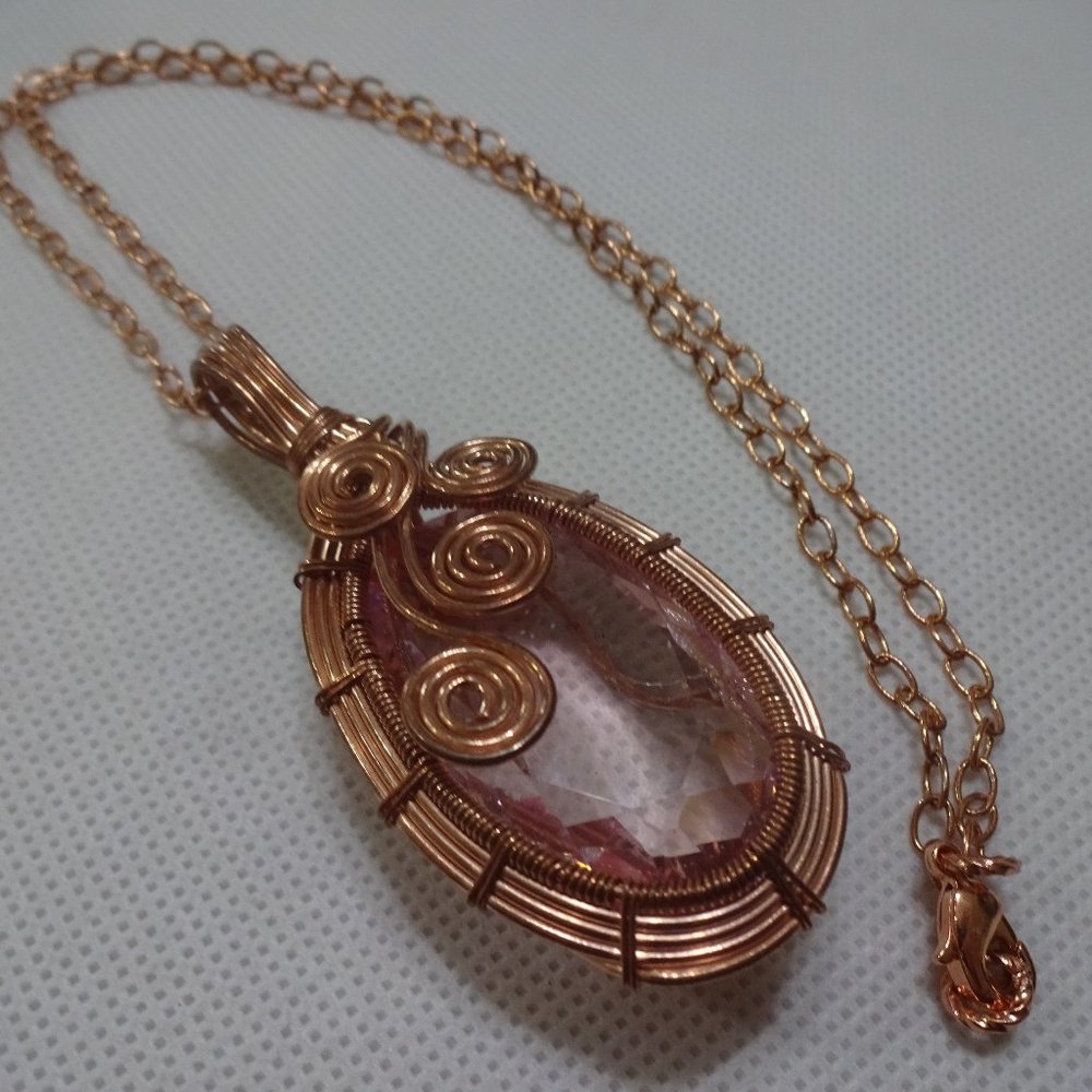 Stunning "PINK TOPAZ" WIRE-WRAPPED Handmade COPPER Pendant/Chain #761A